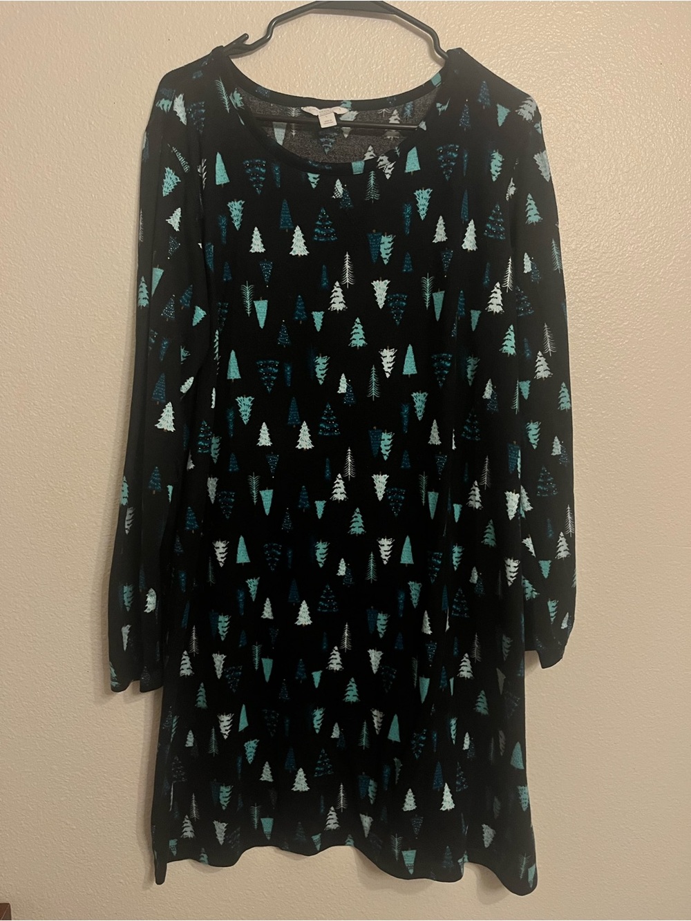 Tree Print Womens Long-Sleeve Nightgown with Teal & White Tree Print
